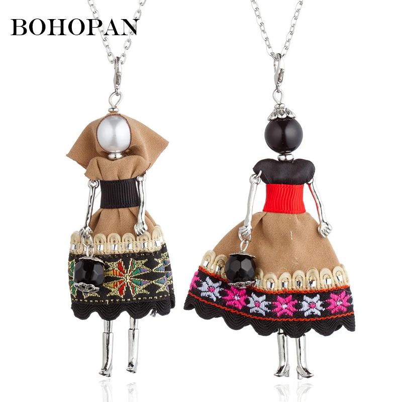 

Ethnic Doll Necklace Women Embroidered dress Black Crystal Handbag Turbaned Cute Doll Pendant Necklace Long Chain Party Jewelry