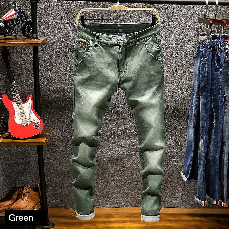Новые модные мужские джинсы облегающие эластичные узкие брюки цвета хаки, синий, зеленый, хлопковые брендовые классические джинсы мужские узкие джинсы