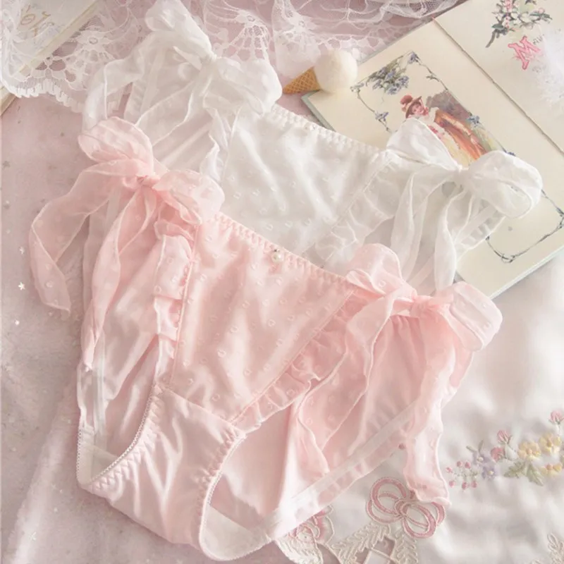 

Japanese Style Pink White Girls Panties Cute Lovely Sweety Style Princess Underwear Bow Ruffle Chiffon Breifs