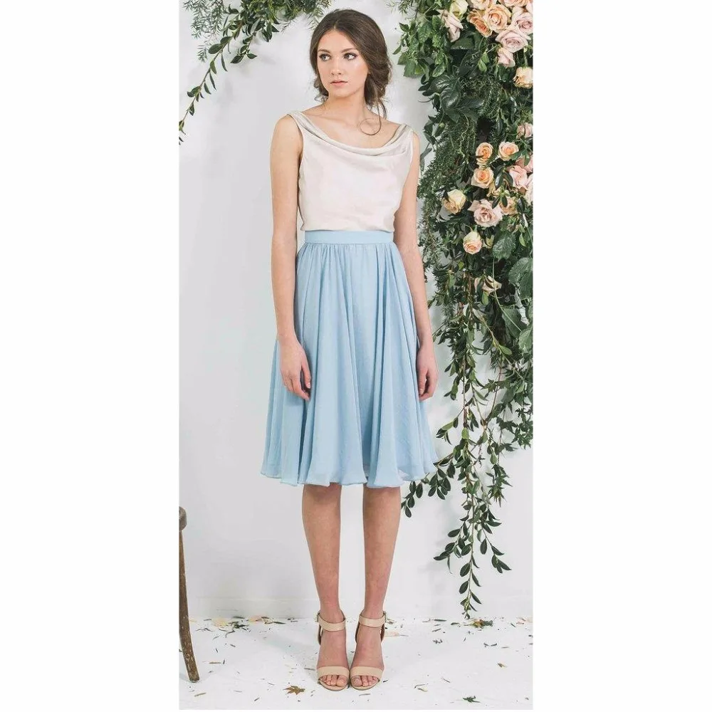 Modest Knee Length Sky Blue Chiffon Skirts For Women Pleated Midi Skirt