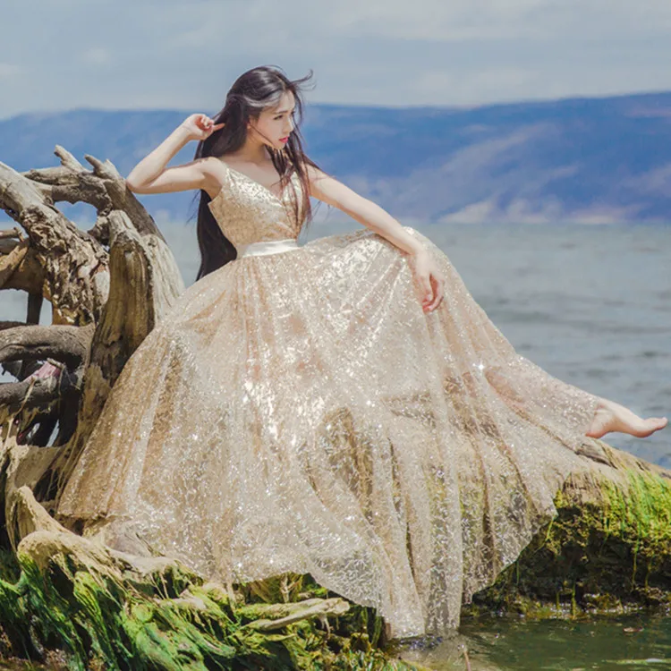 

summer new fashion sweet lady Straps sleeveless V-neck sexy backless Net Yarn Golden color Bohemia beach vacation long dress