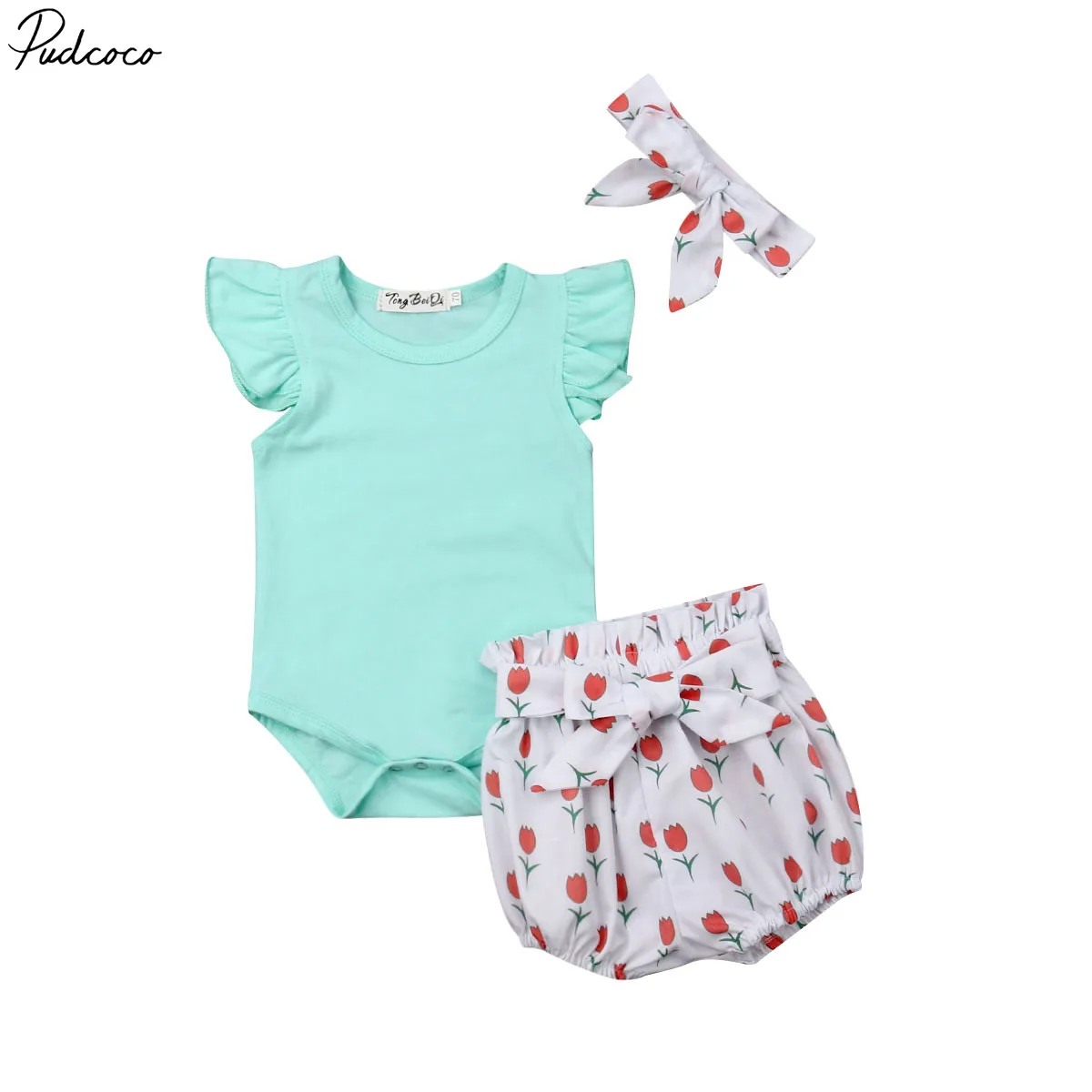 

3Pcs Newborn Baby Girl Tops Romper + Pants Shorts + Headband Outfit Clothes 0-2T
