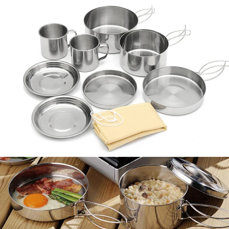 8Pcs/set Portable Stainless Steel Outdoor Picnic Pot Pan Kit Camping Backpacking Cookware Set  for Hiking Camping Travel