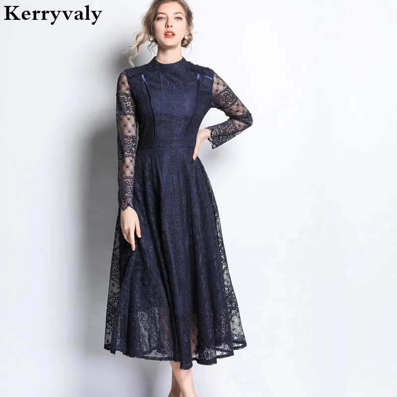 Ceny W stylu Retro Big dnem sukienka z niebieskiej koronki Zomerjurk Dames 2019 wiosna z długim rękawem Retro na przyjęcie sukienka Vestidos Invierno K5786