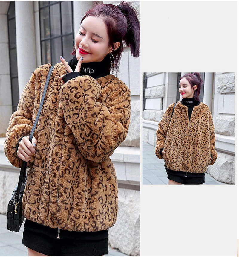 Vangull New Winter Fur Coat Women Leopard Faux Fur Jacket Plus Velvet Thick O-Neck Long Sleeve Warm Fur Jackets Coats New