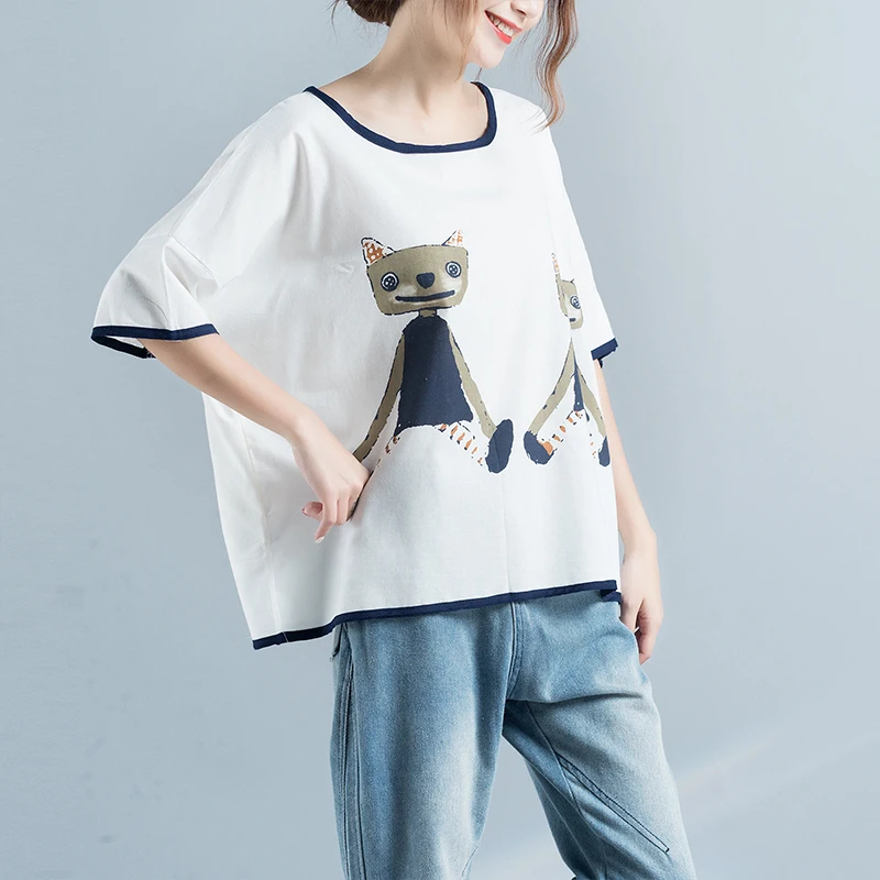 Fashion Batwing Sleeve Cat Patterned Back Button Cotton &amp Linen T-Shirts Summer Plus Size Casual Loose Tops Baggy T-Shirt Tee | Женская