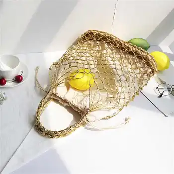 

FGGS-Bright Paper Ropes Hollow Woven Bag Straw Bag Female Reticulate Handbag Netted Beach Bag