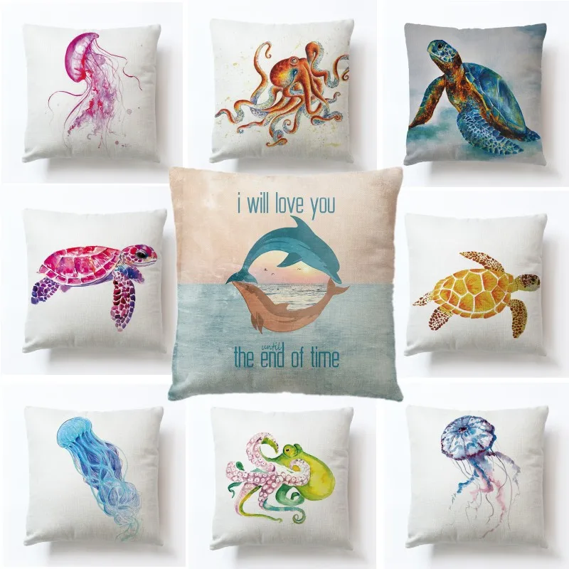 

Marine Hand Painted Ocean Series Coral Starfish Hippocampus Cushion Set Cotton Linen Throw Pillowcase Decorative Pillow Aquarium