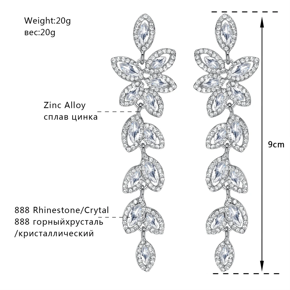 Minmin роскошные серебряные Длинные серьги с кристаллами для женщин, свадебные аксессуары, висячие серьги в виде листьев, ювелирные украшения для невесты EH282