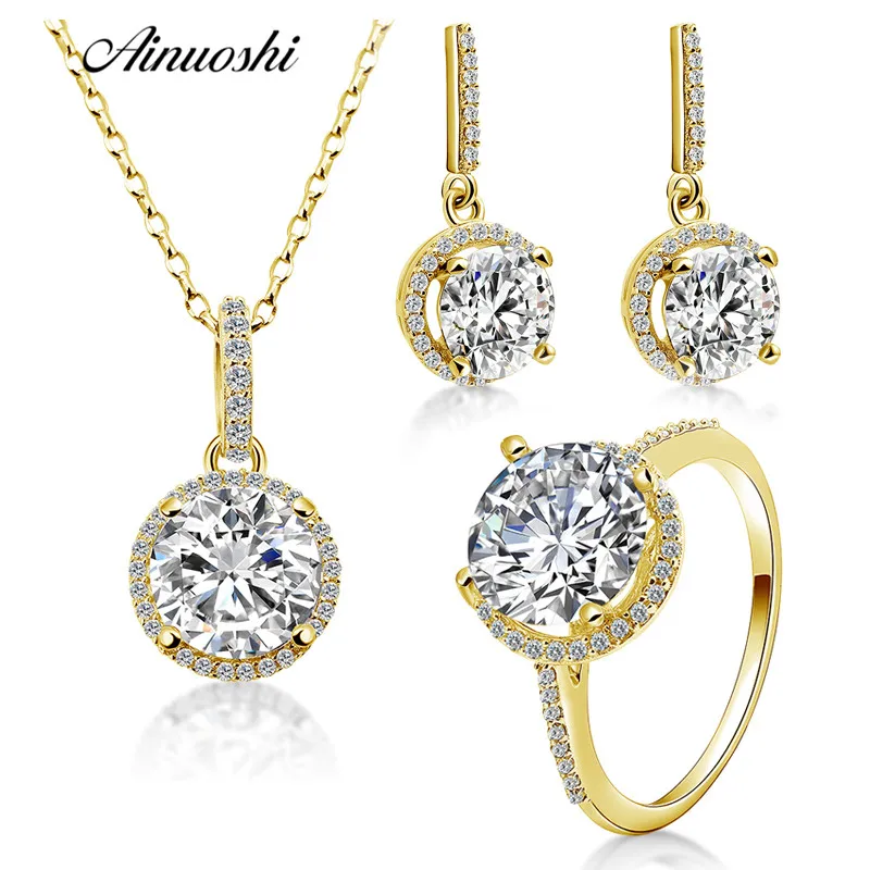 

AINUOSHI 10K Solid Yellow Gold Jewelry Set Highly SONA Diamond Round Pendant Ring Drop Earring Luxury Women Wedding Jewelry Sets