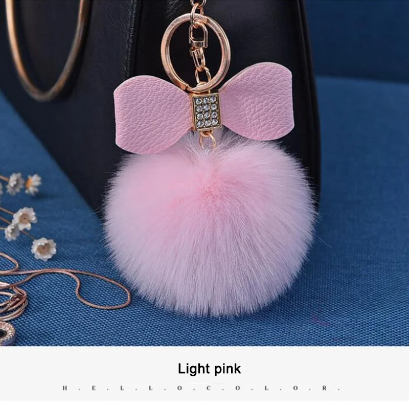 Light pink Помпон, женские брелоки, кожаный бант, брелок для ключей со стразами, очаровательный помпон, брелок для ключей, пушистый искусственный мех кролика, брелоки для автомобильных сумок - Цвет: Light pink
