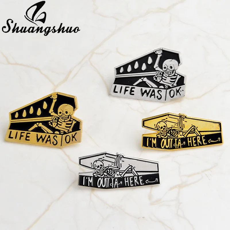 

ShuangShuo Skull Pins and Brooches "LIFE WAS OK"Skull Coffin Enamel Pin Skull Pin Badge Black Skeleton Jewelry Lapel Pin bijoux