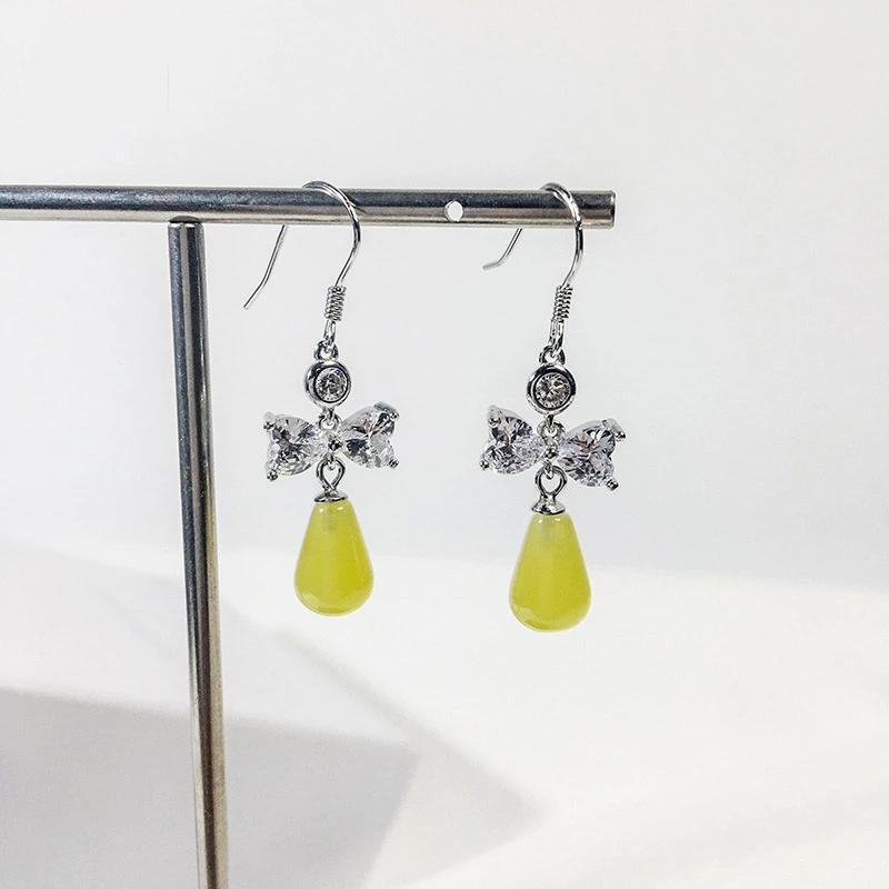 

The New listing Authentic 100% 925 Silver Bowknot with Yellow Beeswax stone drop Earrings fine Jewelry for Romantic women