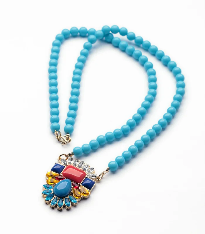 

2014 New Style Resin Zinc Alloy Birthday Gift Blue Beads Chain Geometric Women Classic Pendant Necklace