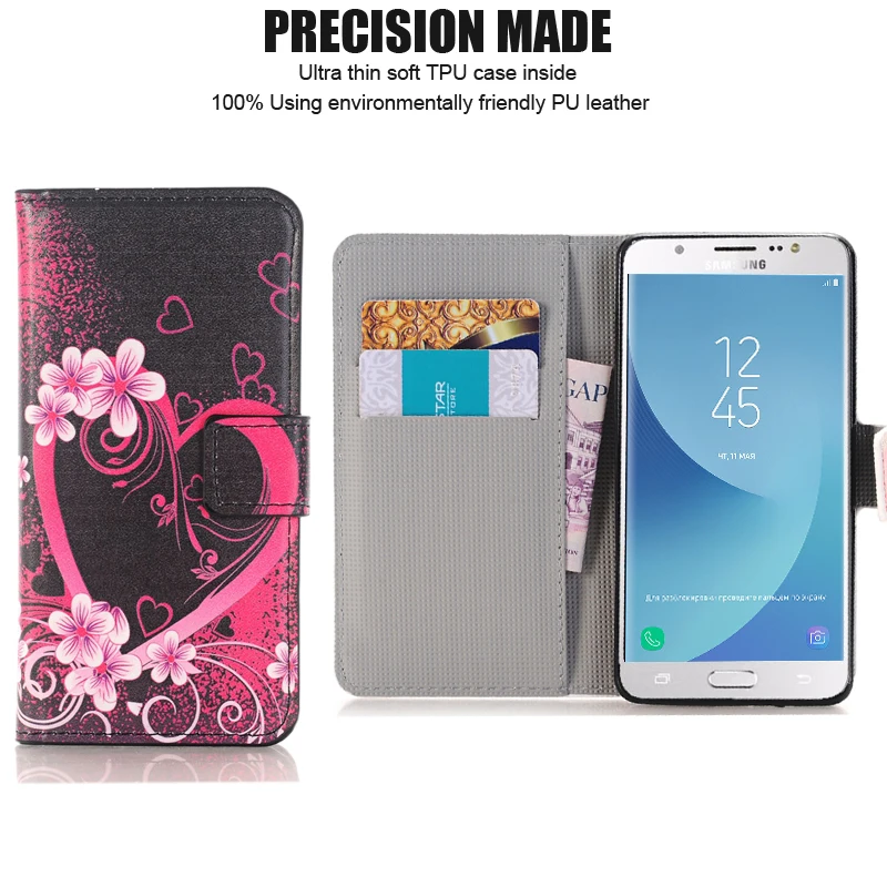 FRVSIMEM кожаный флип чехол с цветком и сердцем кошелек для Samsung Galaxy J7 Nxt J701F Neo J701M Core J700