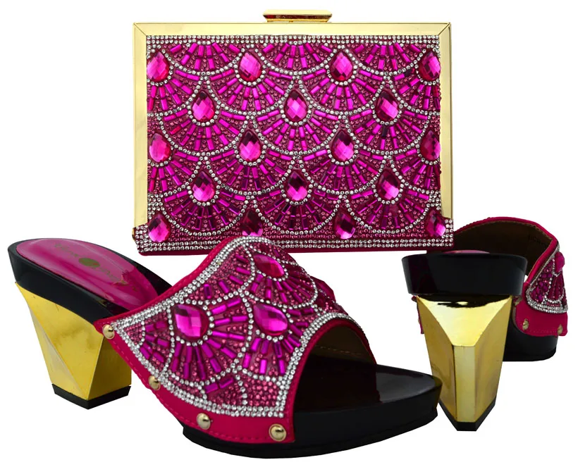 

New Arrival Woman Rhinestone Shoes And Matching Bag Set For Party Italian Style High Heel Slipper Shoes And Purse Set BCH-17