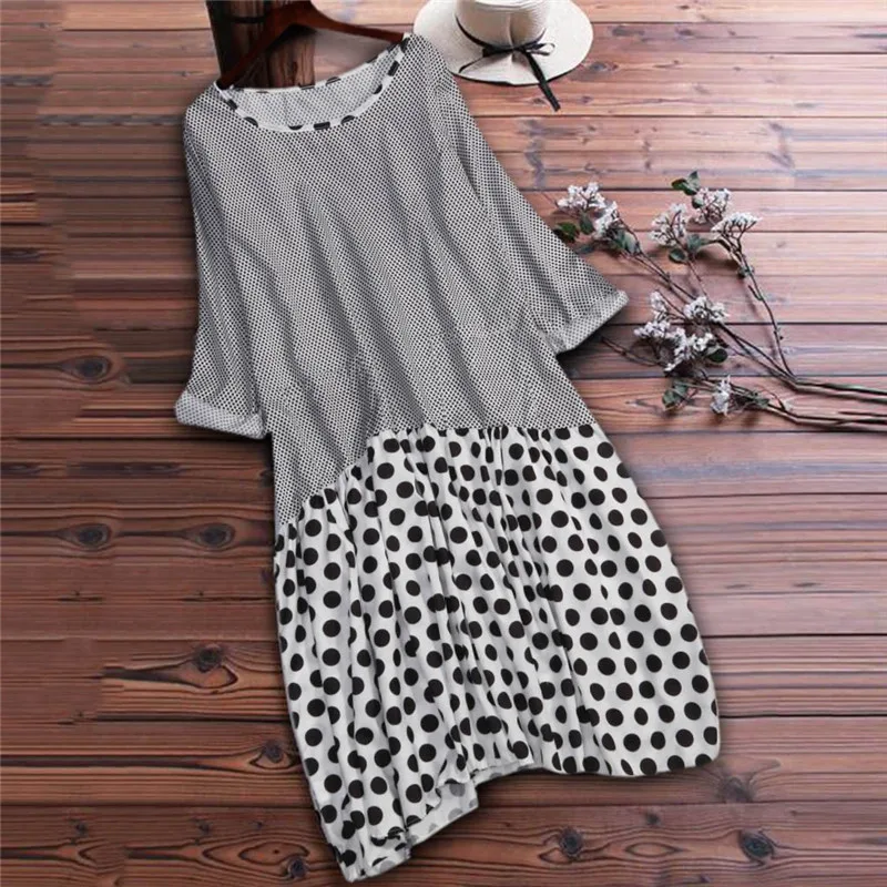 

Women Autumn Summer Dress 2019 Plus Size Lady Polka Dot Causal Long Sleeve O-Neck Patchwork Pocket Dress Loose Mini Dress Jul5