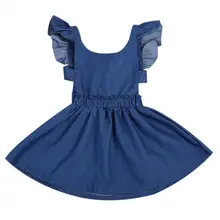 Hot Sale Denim Solid Backless Dresses Infant Baby Girl Kid Summer Ruffle Ruched Ball Gown Outfit Short Mini Fashion Sweet Dress