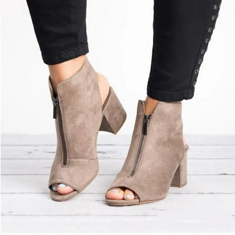 Ankle Boots Faux Suede Leather Casual Open Peep Toe High Heels Zipper Square Rubber Women Shoes