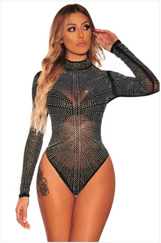 

Sexy Lingerie Slim Color Crystal Diamond Long Sleeve High Collar Mesh Onesies Three-point Women Night Underwear 2019 Babydoll