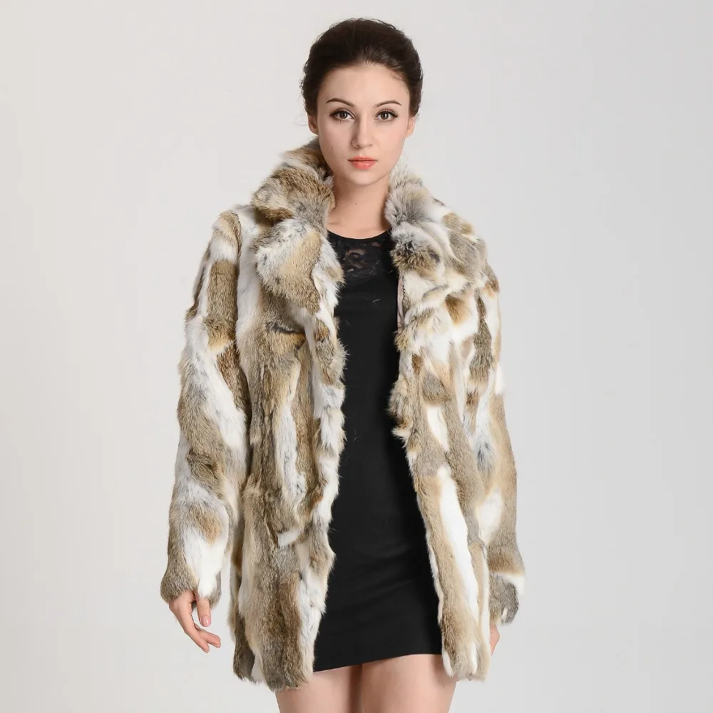 New Arrial Natural Rabbit Fur Long Coat Turn down collar real rabbit