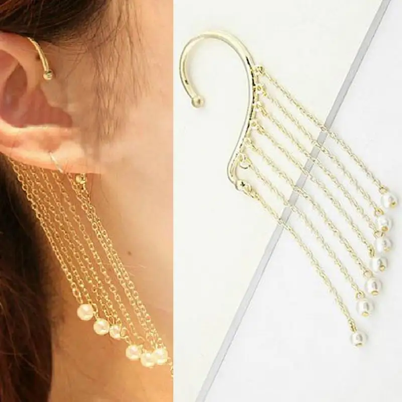 

New Fashion Gold Color Metal Chains Long Tassel Imiatated Pearl Cuff Earrings For Women Femme Fashion Jewelry