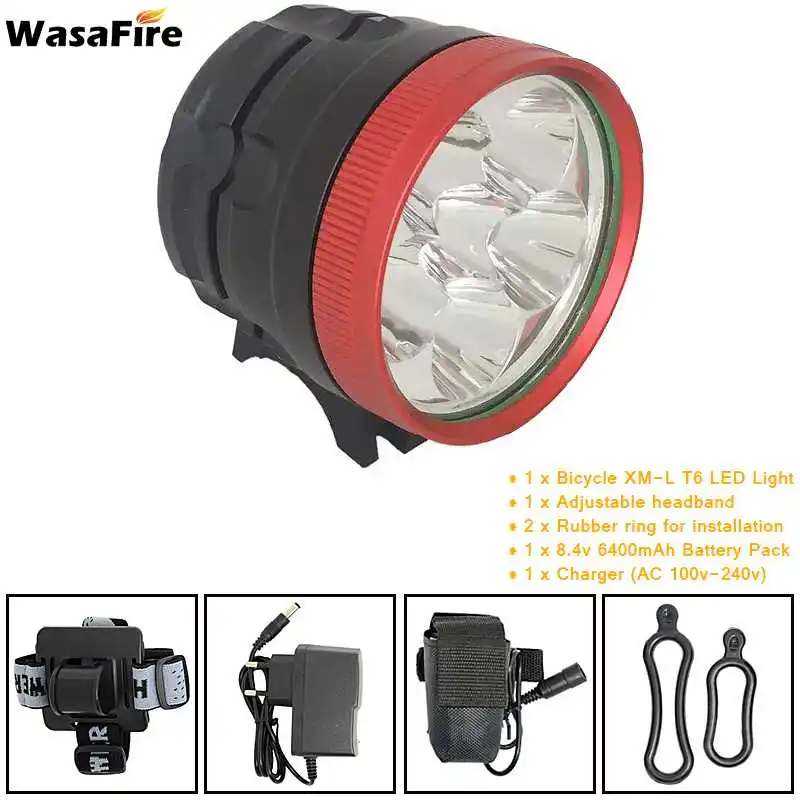 WasaFire 6* XM-L T6 7200lm светодиодный велосипедный фонарь с 3 режимами, велосипедный светильник, головной светильник, передний светильник, 6400 мА/ч, аккумулятор, налобный фонарь