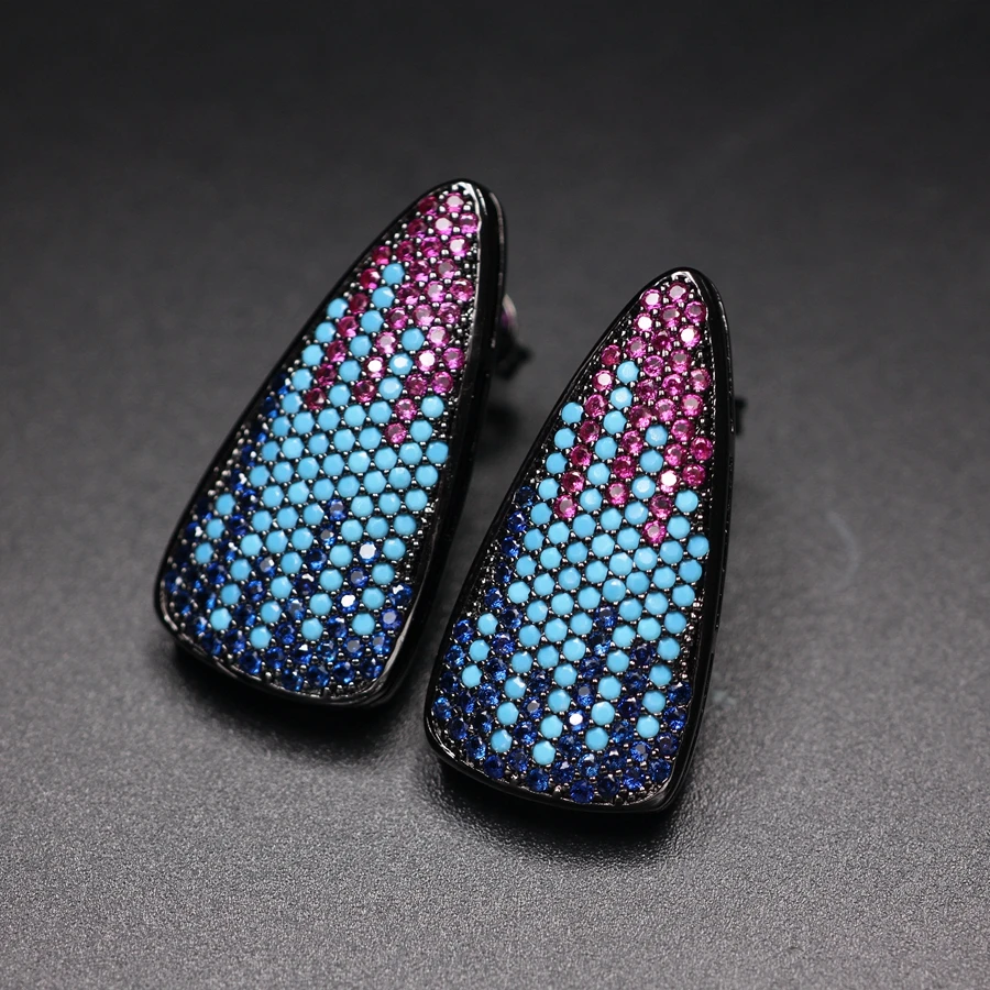 

Full Paved Multi Color Cubic Zirconia Stud Earrings for Women Natural Blue Turquoises Stone geometry colorful Rainbow Jewelry