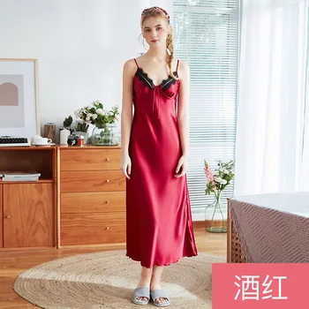

Sexy New Summer Solid Spaghetti Sleepshirts Women's Lady Lingerie Satin Silk V-Neck Night Dress Nightgown Long Sleepwear M L XL