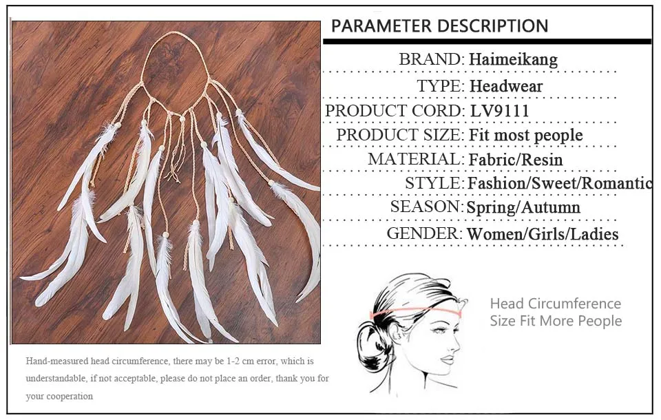 Haimeikang белый перо оголовье дамы Бохо головной убор аксессуары для волос ручной работы этнические Висячие повязка для волос с бисером