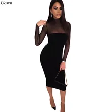 Spring Novelty Long Sleeve Sexy Party Dresses Women Zipper Mesh Patchwork Bandage Bodycon Dress Hollow Out Black White Clubwear