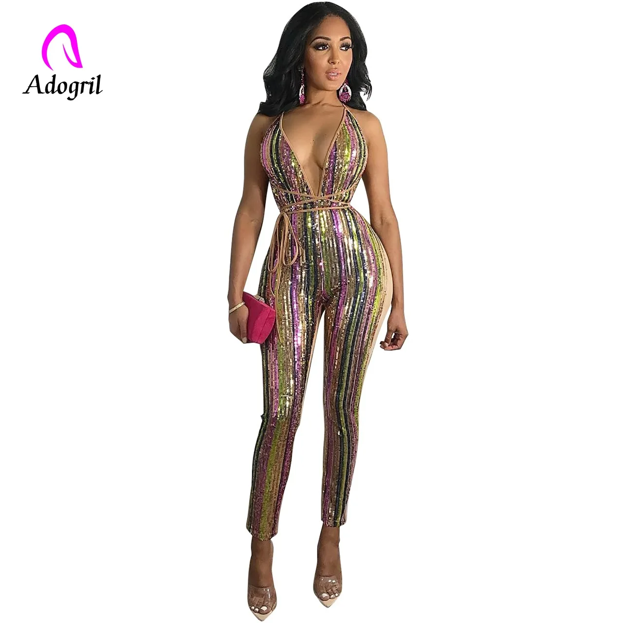 

adogirl sequined stitching fashion night club party women jumpsuits deep v neck strap rompers one piece sexy jumpsuits outfits