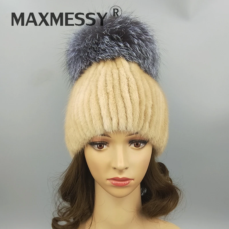 Women's Winter Mink Fur Roller Hat With 3 Fox Pom Poms & Ear Flaps - Wool Knit Lined, Warm Trapper Style - View #13