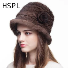 HSPL Для женщин Кепки вязаная шапка из натурального меха норки, для Для женщин модная Толстая зимняя одежда, черная, шапка бини, Круглая Шапка из ткани, для повседневного ношения, женские шапки
