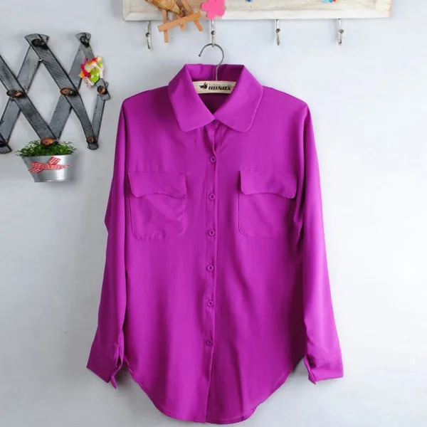 

Womens Long Sleeve Chiffon Shirt Turn-down Collar Casual Loose Tops Blouse