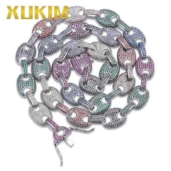 

Xukim Jewelry Hollowed Coffee Bean Colorful Gold Silver Color Iced Out Cubic Zirconia Cuban Chain Rapper Hip Hop Jewelry Gift