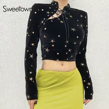 Sweetown Осенняя бандажная футболка женская сексуальная Водолазка с длинным рукавом бархатная рубашка Femme китайский стиль черная футболка женский укороченный топ