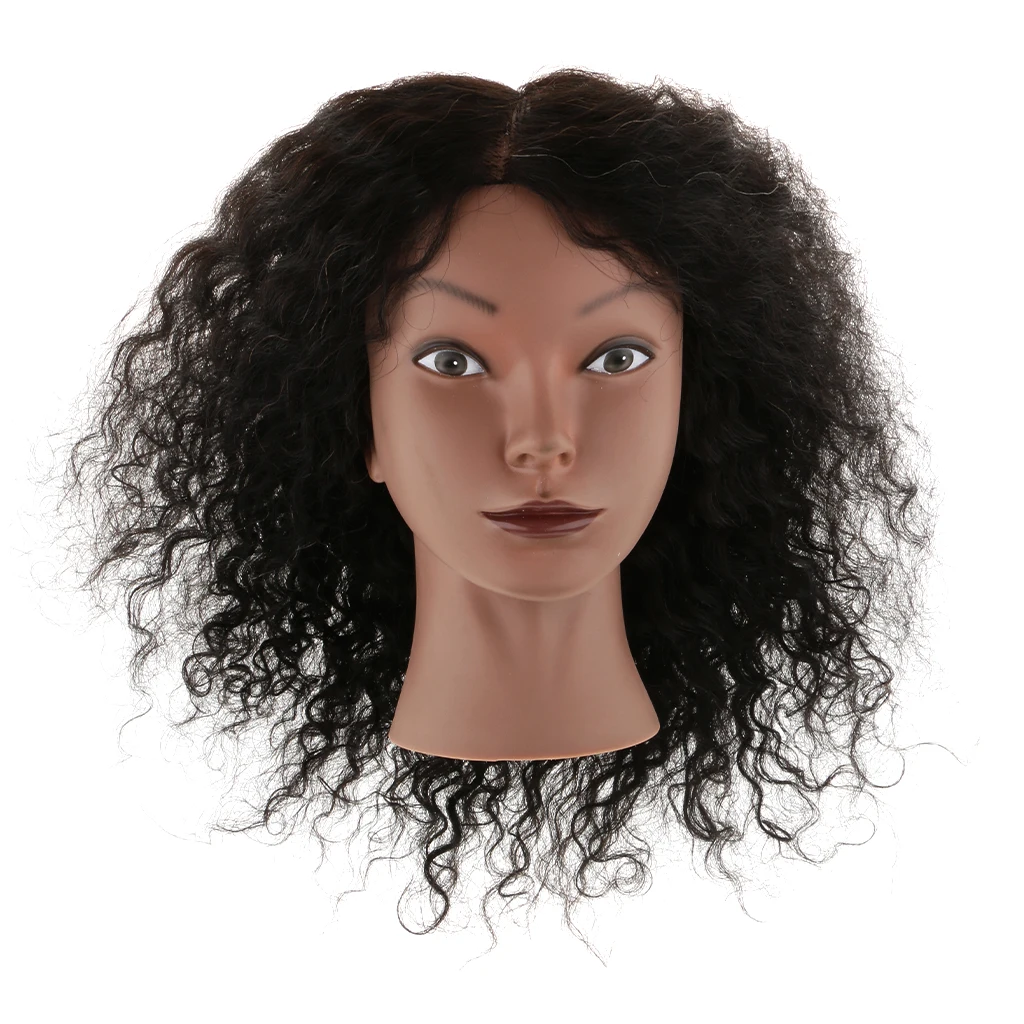 Silicone Cosmetology Practice Training Mannequin Head Human Hair + Tripod Stand Holder for Color Style Cut African American