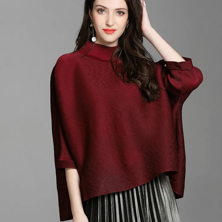 

Plus Size T Shirt Women Stretch Miyake Pleated Turtleneck 2018 Autumn New Loose Solid Color Irregular Tees For Women 45-80kg