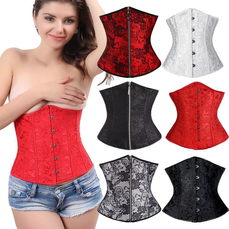 Women Sexy Corsets Bustiers Lace Up Waist Trainer With Zipper Gothic Underbust Cincher Body Shaper Corselet Plus Size Halloween