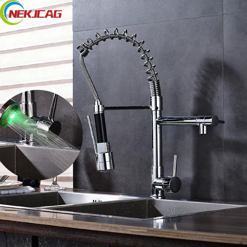 

LED Light Chrome Kitchen Faucet Spring Rotation Pull Down Deck Mounted Sink Faucet Mixer Tap Single Handle