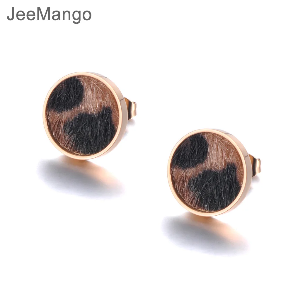 JeeMango Леопардовый принт конский волос наклеенные круглые гвоздики золотые, розовые серьги из нержавеющей стали ювелирные изделия для женщин девочек E19022