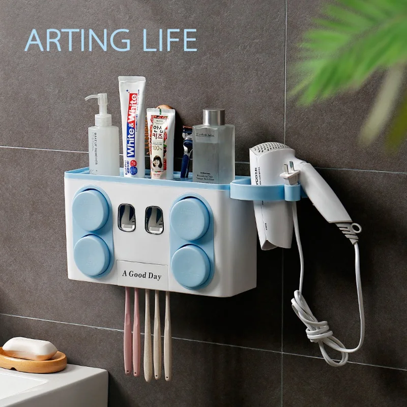 Bathroom Toothpaste Storage Rack Toothbrush Hold Plastic Cup Set Shelf Stand W