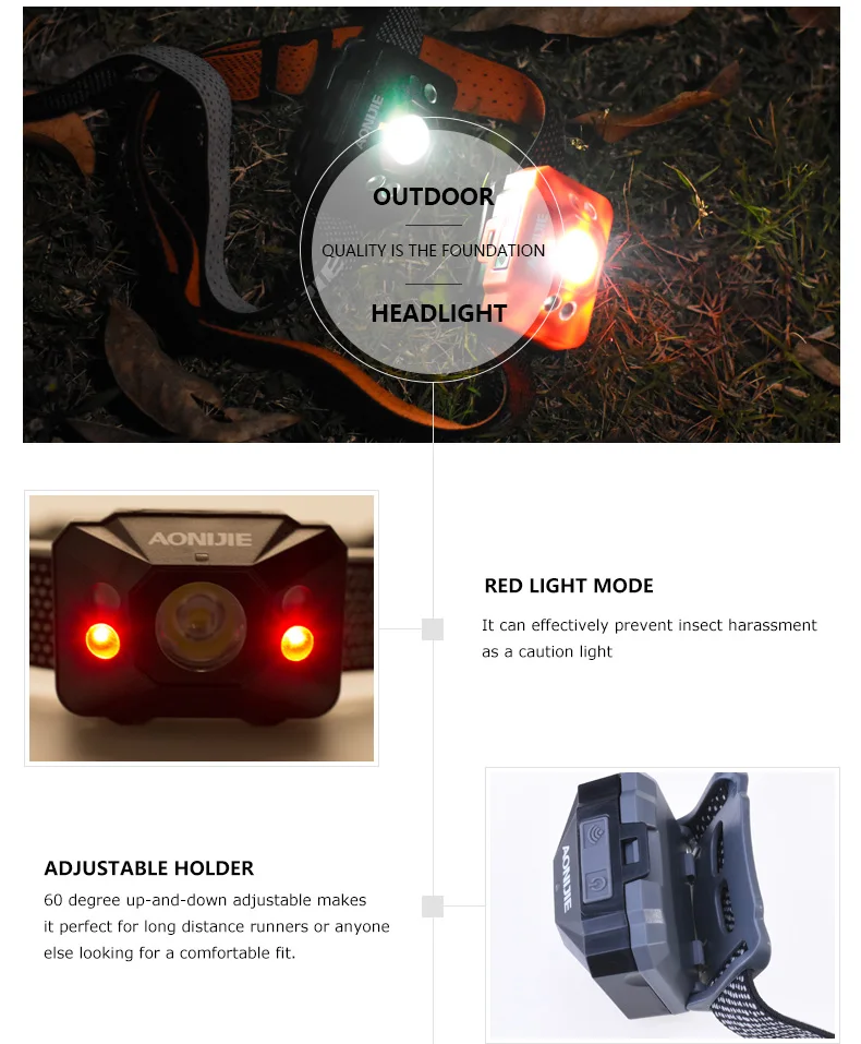 AONJIE E4082 Водонепроницаемый Регулируемый чувствительный светодиодный для фар, фонарей, проблесковых маяков свет для бега рыбалки кемпинга пешего туризма езды на велосипеде