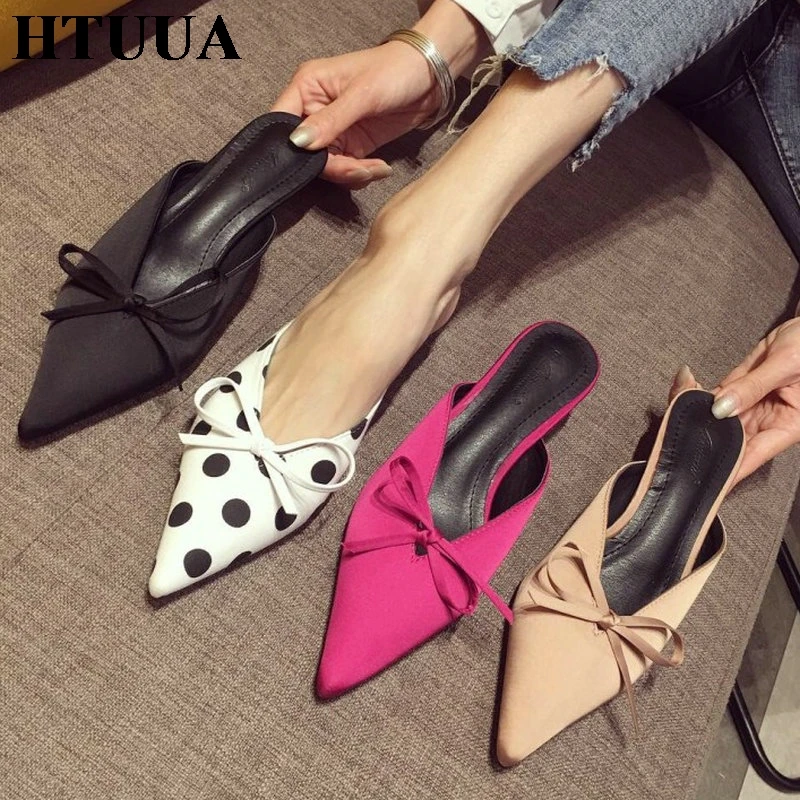 

HTUUA 2019 New Spring Summer Pointed Toe Mules Shoes Women Slippers Bow Small High Heel Slides Ladies Elegant Sandals SX2168