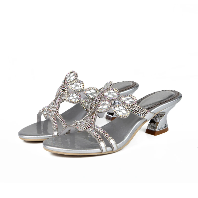 Verano alto tacón de de caballo zapatillas de tacón de diamantes de imitación de lujo hueco zapatillas 6 cm de alto tacón zapatillas mujer Zapatillas Casual zapatillas|Zapatillas| -