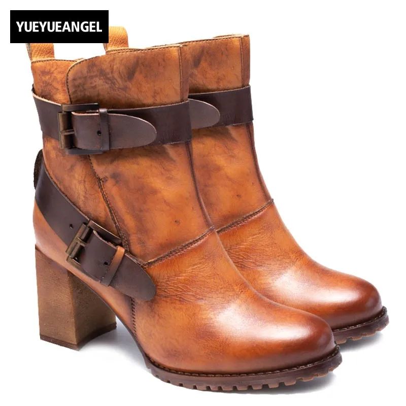 

Luxury Retro Belt Buckle Ankle Boots Women 2019 New Square High Heels Cow Leather Botas Black Camel Round Toe Boots Women