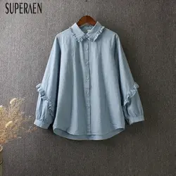 SuperAen корейский стиль Женская рубашка свободные большого размера Ruffled блузки с длинными рукавами и топы с длинными рукавами хлопок Весна