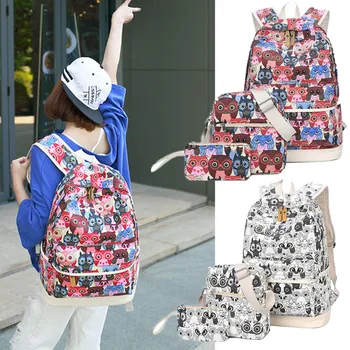 

School Bags Cute 3pcs/set Lady Bookbag Owl Printing Backpacks Travel Rucksack