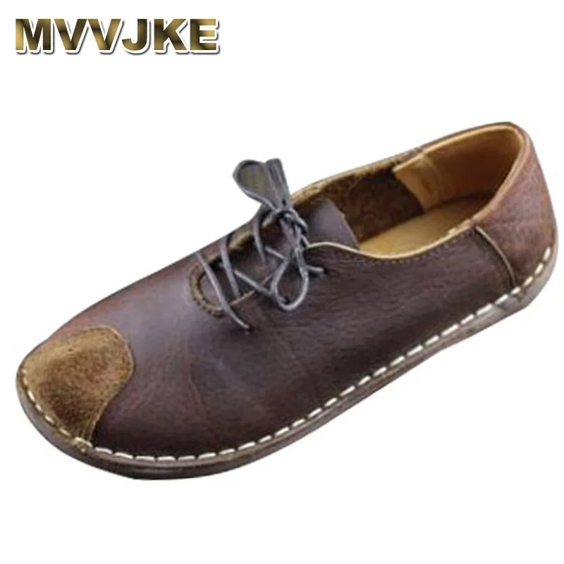 

MVVJKE Women's Shoes Flat Hand-made Authentic Leather Women Oxfords Plain toe Ladies Flat Shoes Female Footwear